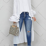Flared Sleeves High-Low Solid Color Split-Joint Tiered Round-Neck T-Shirts Tops