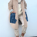 Soft and Warm Zipper Denim Pocket Long Sleeve Hooded Midi Sweatshirt Coat
