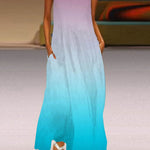 A-Line Loose Contrast Color Pockets Printed Split-Joint V-Neck Maxi Dresses