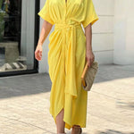 Elasticated Waist High Waisted Buttoned Pleated Solid Color Split-Joint Tied Waist Lapel Maxi Dresses Shirt Dress