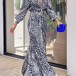 Loose Puff Sleeves Pleated Printed Split-Joint Deep V-Neck Jumpsuits