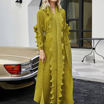 Original Loose Long Sleeves Tied Pleated Falbala Solid Color V-Neck Maxi Dresses