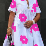 A-Line Loose Flower Print Pleated Split-Joint Round-Neck Midi Dresses