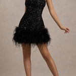 Dazzling and Playful Sequin High Neck Feather Trim Stretch Mini Dress
