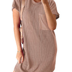A-Line Loose Contrast Color Pockets Split-Joint Striped Round-Neck Mini Dresses