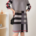 A-Line Loose Contrast Color Plaid Pleated Round-Neck Mini Dresses