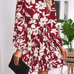High Waisted Long Sleeves Flower Print Pleated Tied Waist Mock Neck Mini Dresses