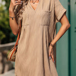 Loose Short Sleeves Pleated Solid Color Split-Joint V-Neck Mini Dresses
