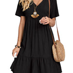 A-Line Loose Pleated Solid Color Split-Joint V-Neck Mini Dresses