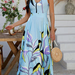 A-Line High Waisted Bowknot Contrast Color Pleated Printed Split-Joint Zipper V-Neck Maxi Dresses