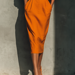 Women's Orange Mid-sleeve Top And Midi Skirt Set