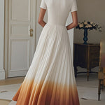 A-Line High Waisted Gradient Pleated Zipper V-Neck Maxi Dresses