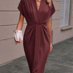 High-Low Loose Knot Pleated Solid Color Split-Front V-Neck Midi Dresses