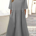 A-Line Loose Buttoned Pleated Pockets Round-Neck Midi Dresses