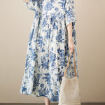 Loose Short Sleeves Floral Printed Pleated Split-Joint Round-Neck Midi Dresses