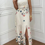 Vanie Linen Blend Floral Print Cutout Waist Back Smocked Slit Maxi Dress