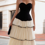 Strapless Contrast Tiered A-Line Midi Dress