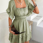 A-line High Waisted Elasticity Pleated Ruffle Trim Solid Color Square-neck Mini Dresses