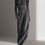 Women's Charcoal Gray Textured Stretchy Set With Off-the-Shoulder Top & Wide-Leg Pants, Modern Edgy-Chic Style Set