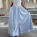 Retro Lace-Trimmed Splicing Striped Print Button-Down Maxi Dress