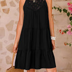 A-Line Loose Hollow Pleated Solid Color Split-Joint Round-Neck Mini Dresses