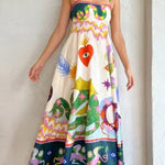 A-Line High Waisted Contrast Color Pleated Printed Split-Joint Spaghetti-Neck Midi Dresses