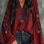 Vintage Red Embroidered Lantern Sleeve Boho Blouse