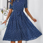 A-Line Elasticated Waist Contrast Color Polka Dot Split-Joint Tied Waist Round-Neck Midi Dresses