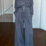 Stand-up collar belted wide-leg suit