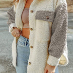 Autumn and winter long-sleeved double-pocket color-block loose fur coat