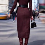 Tie-waisted elegant long woolen dress