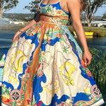 Unique Printed Lace-up Suspender Pockets Casual Resort Style Midi Dress