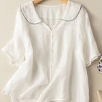Cotton And Linen Retro Short Sleeved Navy Doll Collar Thin Shirt