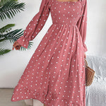 High Waisted Long Sleeves Pleated Polka Dot Ruffled Square-Neck Maxi Dresses Shirt Dress