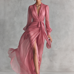 Women's Elegant Rose Pink Pearl Chiffon V-neck Tie-waist Long Dress