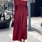 High Waisted Long Sleeves Pleated Solid Color Split-Front One-Shoulder Maxi Dresses
