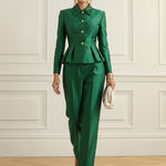 Elasticated Waist High Waisted Buttoned Contrast Color Ruffled Split-Joint Lapel Blazer Blouses&Shirts Tops