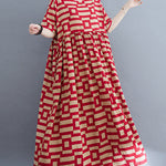 Loose Short Sleeves Plaid Round-Neck Midi Dresses