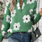 Green Vintage 60s Floral Pattern Half Zip Collar Drop Shoulder Sweater