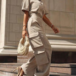 Loose Short Sleeves Buttoned Pockets Solid Color Lapel Jumpsuits