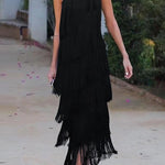 Loose Sleeveless Asymmetric Solid Color Split-Joint Tasseled One-Shoulder Maxi Dresses