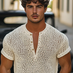 Men's Solid Knit Hollow Henley Collar Short Sleeve T-shirt