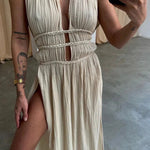 Chic slit braided lace-up cotton and linen dress