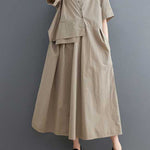 Loose Short Sleeves Pleated Solid Color Split-Joint V-Neck Midi Dresses