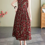 Loose Oversize Drawstring Floral Printed Round-Neck Midi Dresses