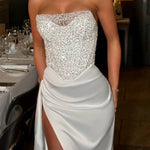 Amazing Dream Sequin Satin Patchwork Off Shoulder Ruffles Drape Slit Maxi Dress