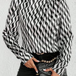 Long Sleeves Loose Contrast Color Pleated Printed Split-Joint Mock Neck Blouses&Shirts Tops