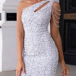 Bodycon Irregularity Contrast Color Hollow Sequined Shiny Split-Joint Zipper One-Shoulder Mini Dresses