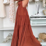Bohemian Style V-neck Backless Slip Layered Vacation Maxi Dress