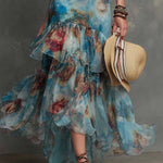 Boho-Vintage Elegant Floral Chiffon Ruffle Maxi Dress